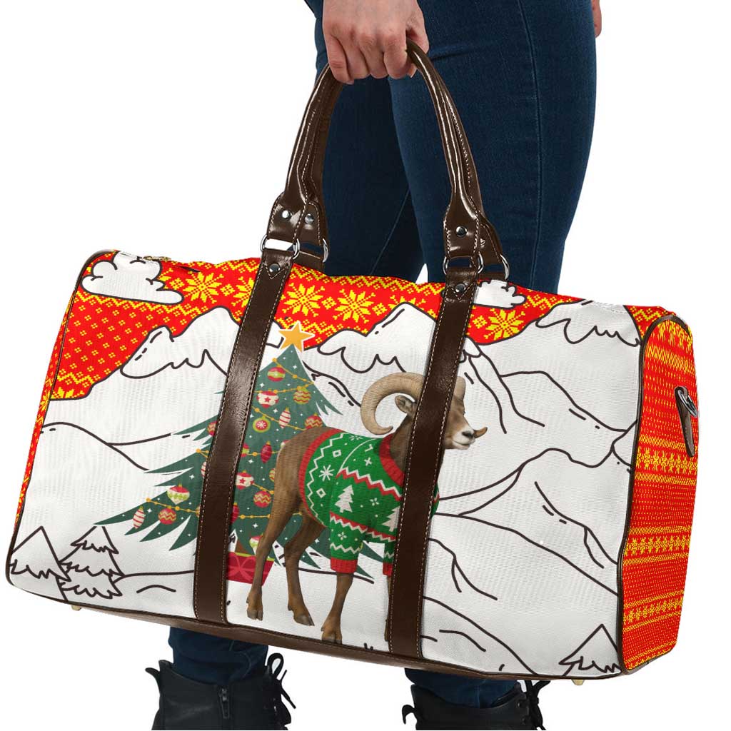 Kyrgyzstan Christmas Travel Bag with Mountain Goat in Festive Red Snowflake Pattern and Holiday Tree - Wonder Print Shop