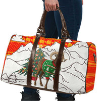 Kyrgyzstan Christmas Travel Bag with Mountain Goat in Festive Red Snowflake Pattern and Holiday Tree - Wonder Print Shop