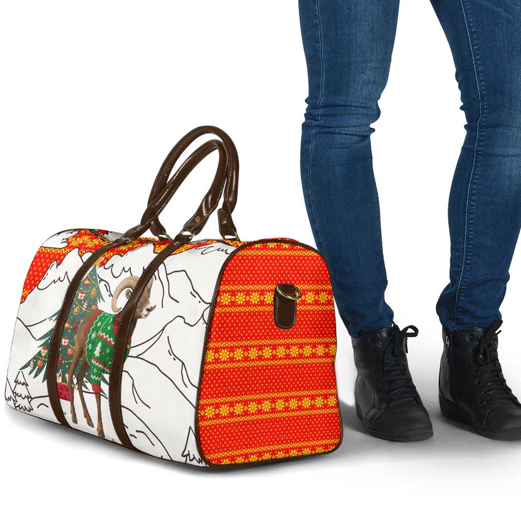 Kyrgyzstan Christmas Travel Bag with Mountain Goat in Festive Red Snowflake Pattern and Holiday Tree - Wonder Print Shop