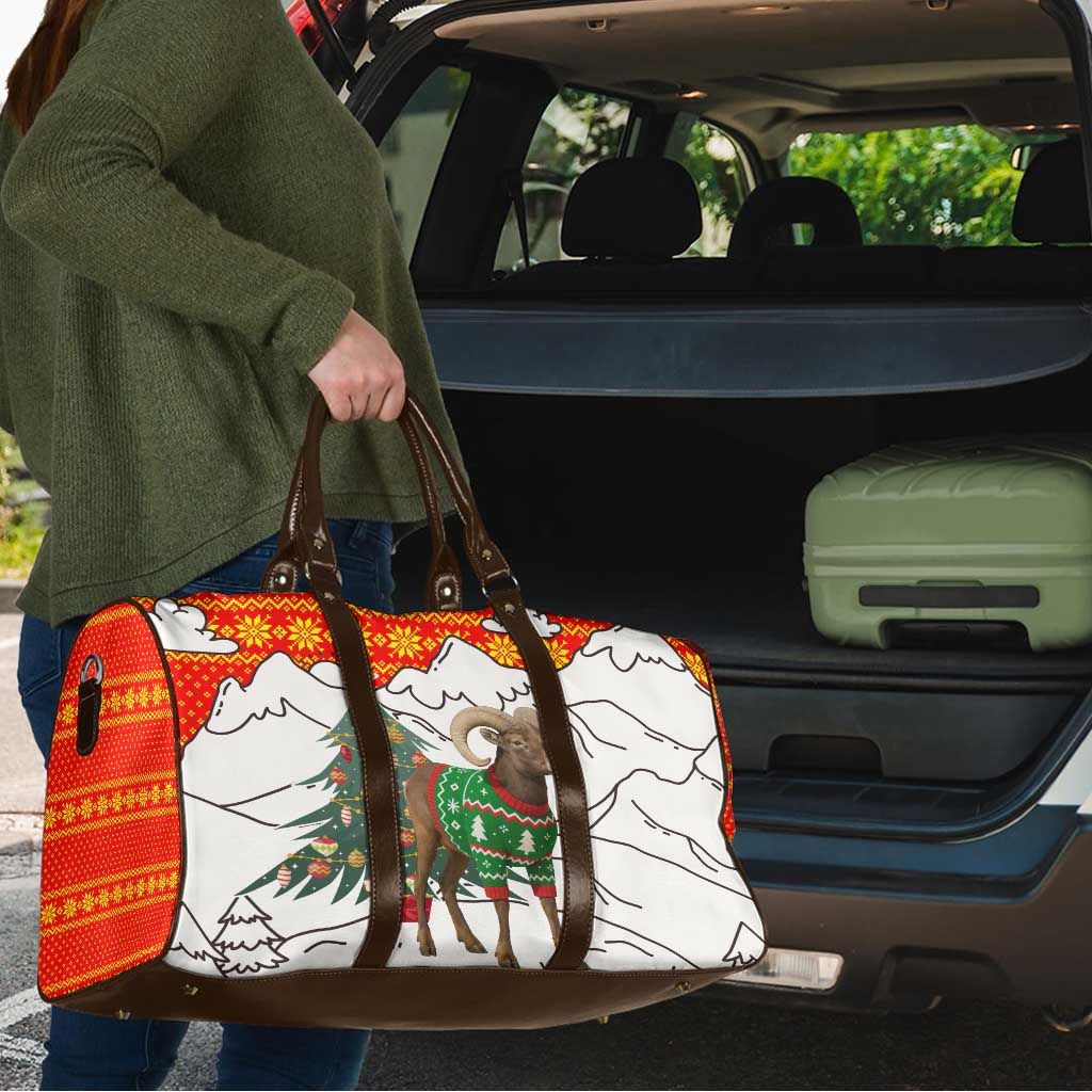Kyrgyzstan Christmas Travel Bag with Mountain Goat in Festive Red Snowflake Pattern and Holiday Tree - Wonder Print Shop