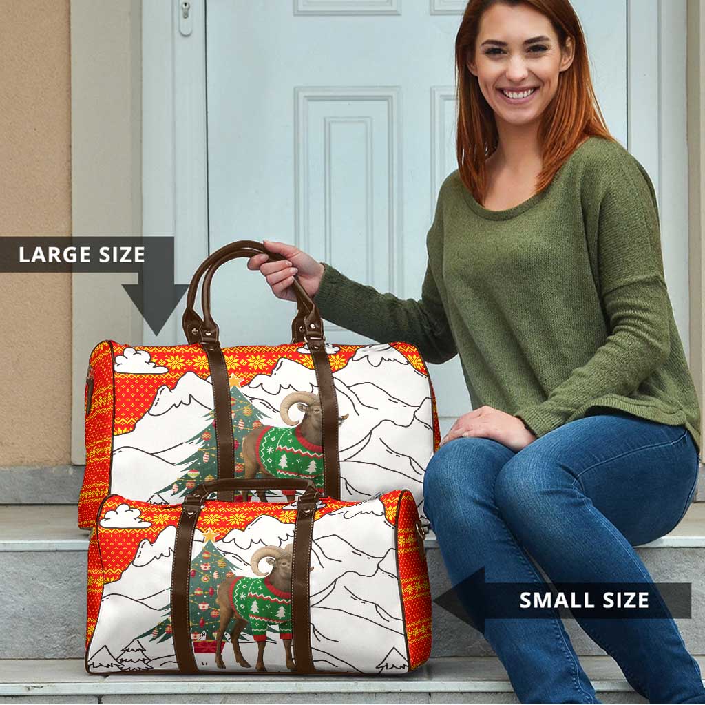 Kyrgyzstan Christmas Travel Bag with Mountain Goat in Festive Red Snowflake Pattern and Holiday Tree - Wonder Print Shop