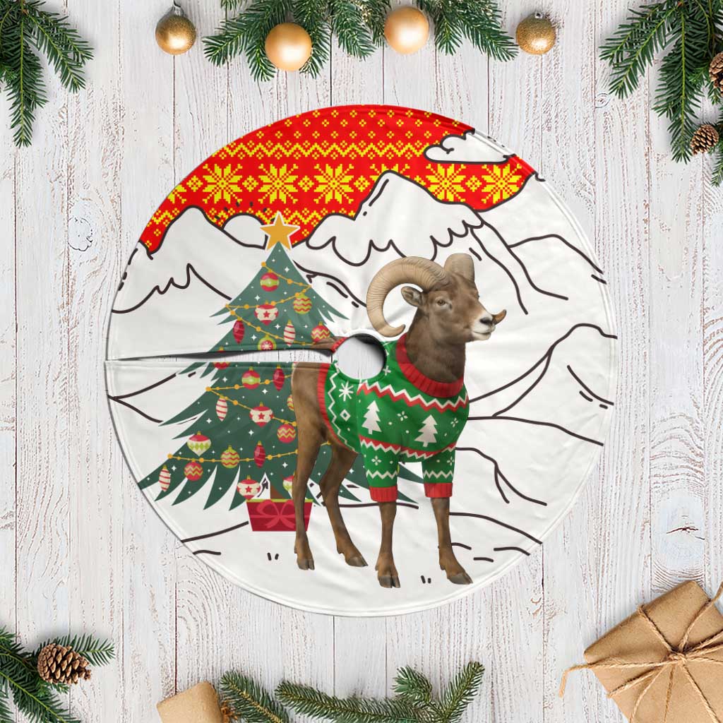 Kyrgyzstan Christmas Tree Skirt with Mountain Goat in Festive Red Snowflake Pattern and Holiday Tree - Wonder Print Shop