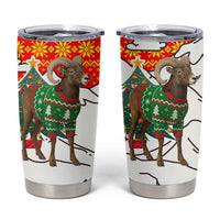 Kyrgyzstan Christmas Tumbler Cup with Mountain Goat in Festive Red Snowflake Pattern and Holiday Tree - Wonder Print Shop