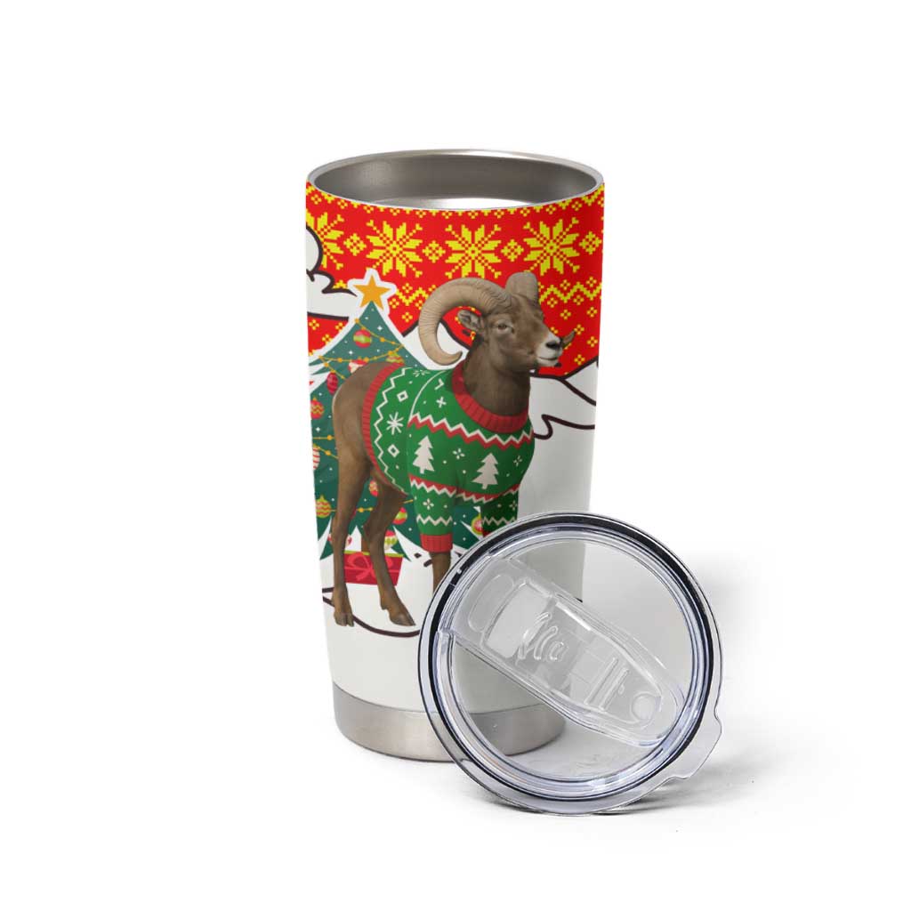 Kyrgyzstan Christmas Tumbler Cup with Mountain Goat in Festive Red Snowflake Pattern and Holiday Tree - Wonder Print Shop