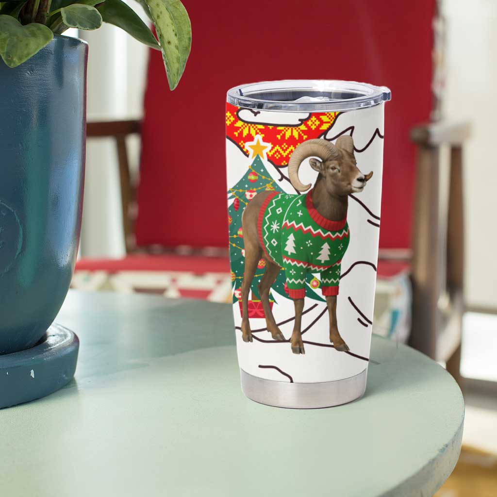 Kyrgyzstan Christmas Tumbler Cup with Mountain Goat in Festive Red Snowflake Pattern and Holiday Tree - Wonder Print Shop