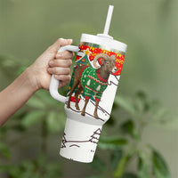 Kyrgyzstan Christmas Tumbler With Handle with Mountain Goat in Festive Red Snowflake Pattern and Holiday Tree - Wonder Print Shop