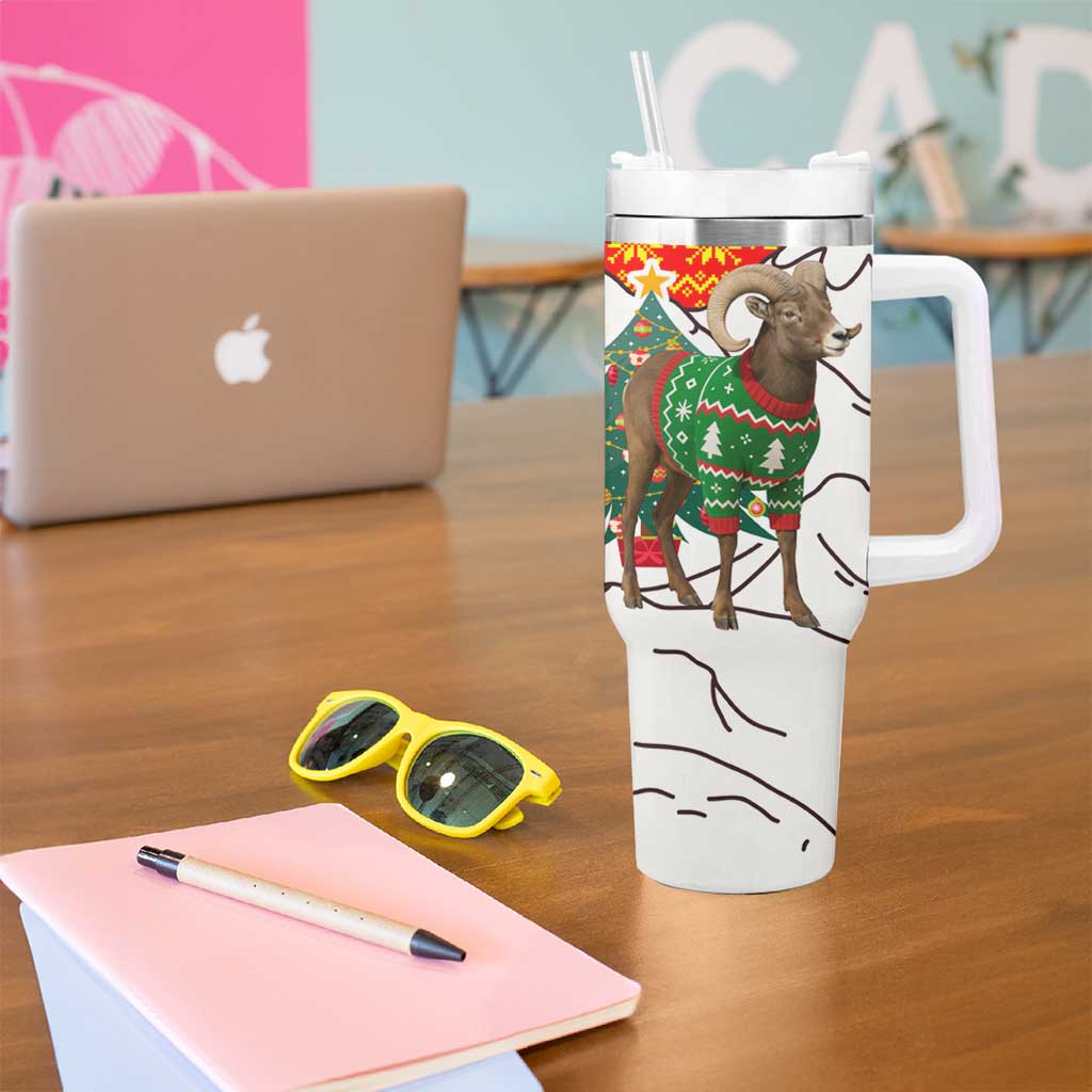Kyrgyzstan Christmas Tumbler With Handle with Mountain Goat in Festive Red Snowflake Pattern and Holiday Tree - Wonder Print Shop