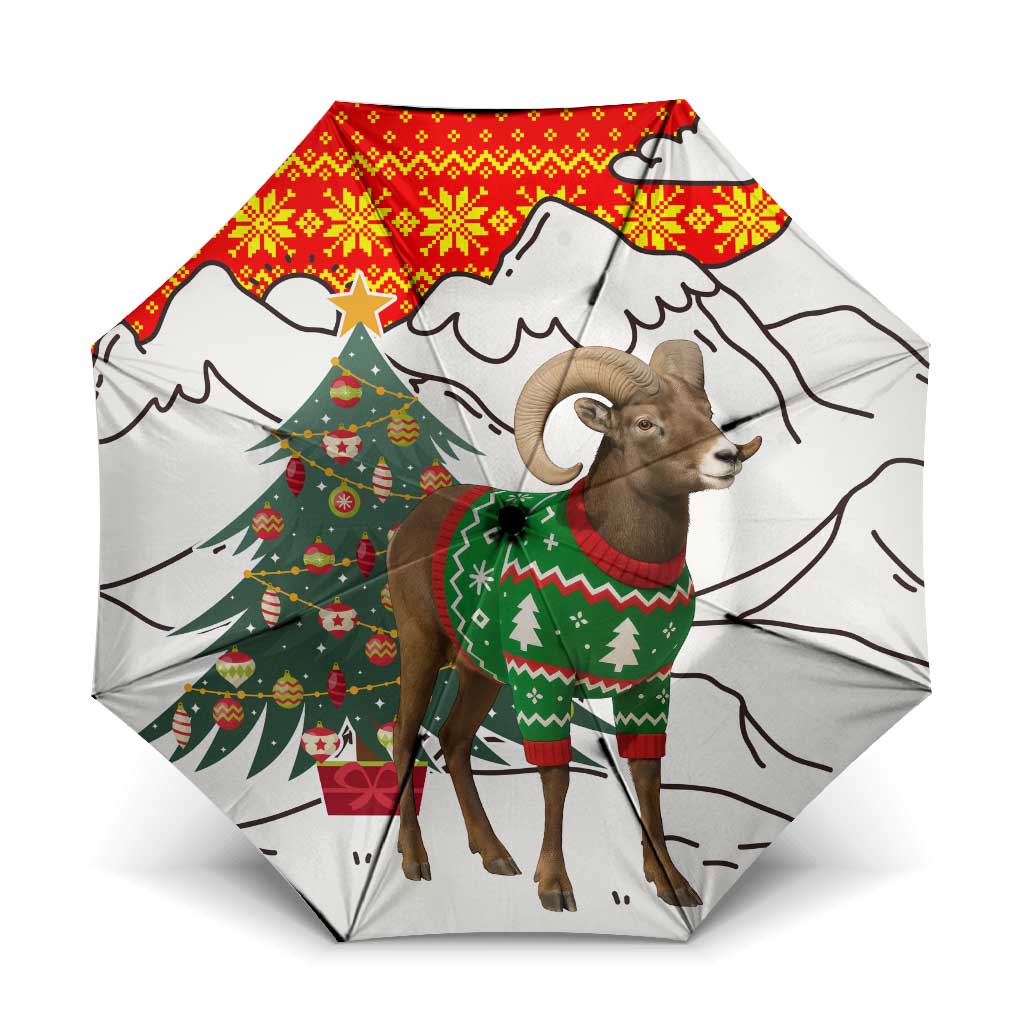 Kyrgyzstan Christmas Umbrella with Mountain Goat in Festive Red Snowflake Pattern and Holiday Tree - Wonder Print Shop