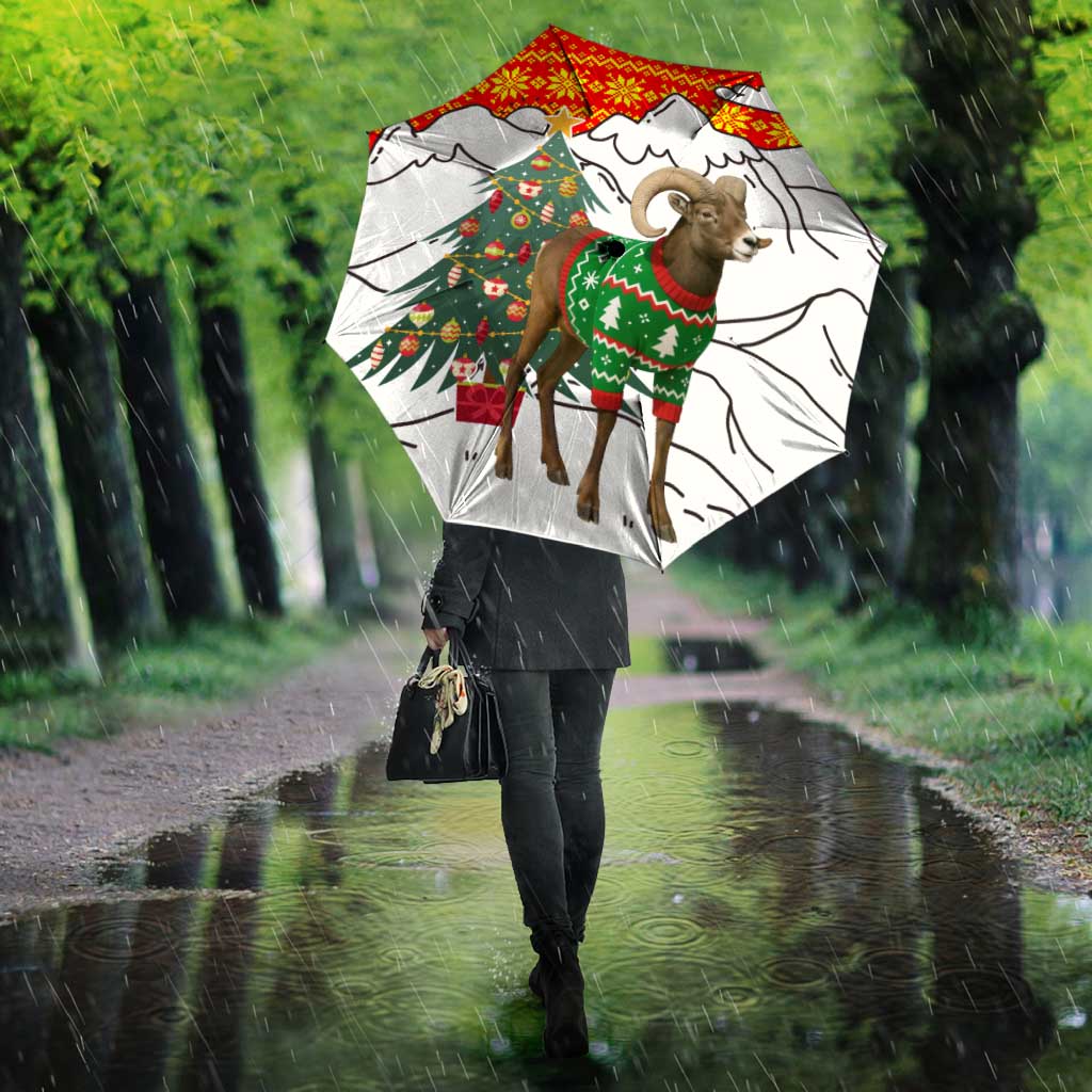 Kyrgyzstan Christmas Umbrella with Mountain Goat in Festive Red Snowflake Pattern and Holiday Tree - Wonder Print Shop