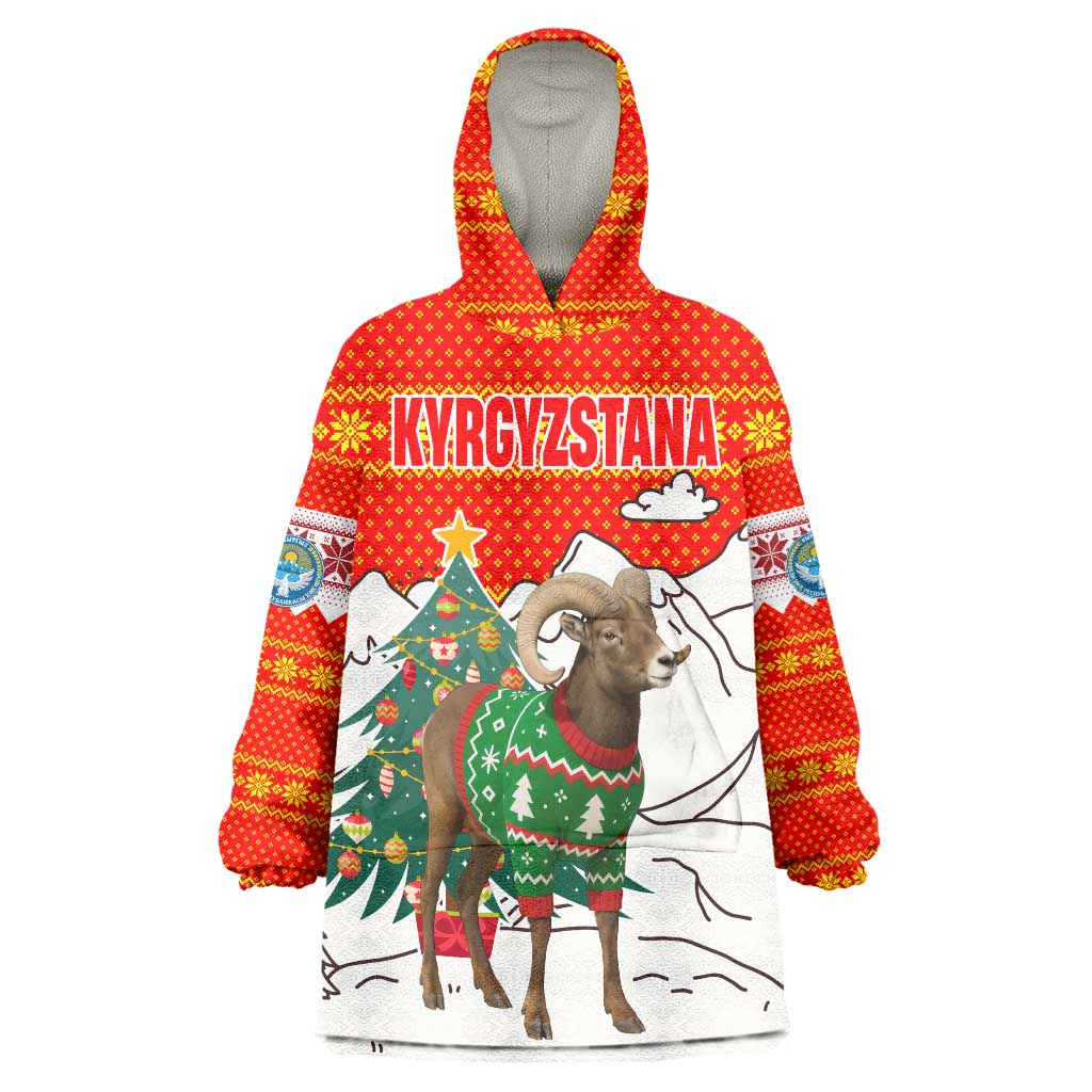 Kyrgyzstan Christmas Wearable Blanket Hoodie with Mountain Goat in Festive Red Snowflake Pattern and Holiday Tree - Wonder Print Shop