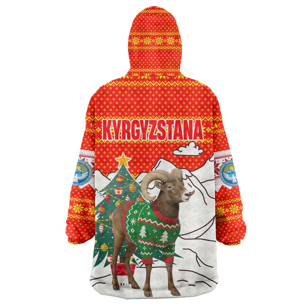 Kyrgyzstan Christmas Wearable Blanket Hoodie with Mountain Goat in Festive Red Snowflake Pattern and Holiday Tree - Wonder Print Shop