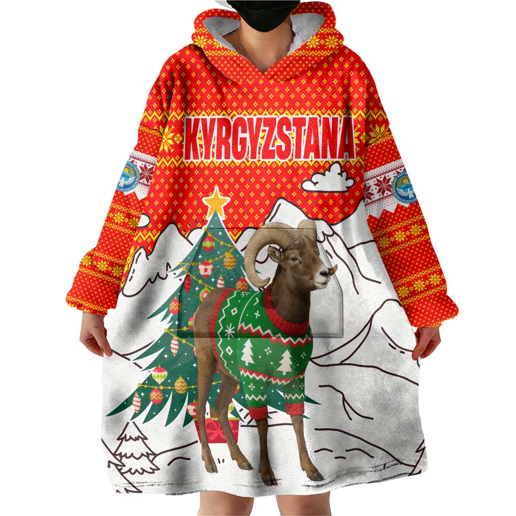 Kyrgyzstan Christmas Wearable Blanket Hoodie with Mountain Goat in Festive Red Snowflake Pattern and Holiday Tree - Wonder Print Shop