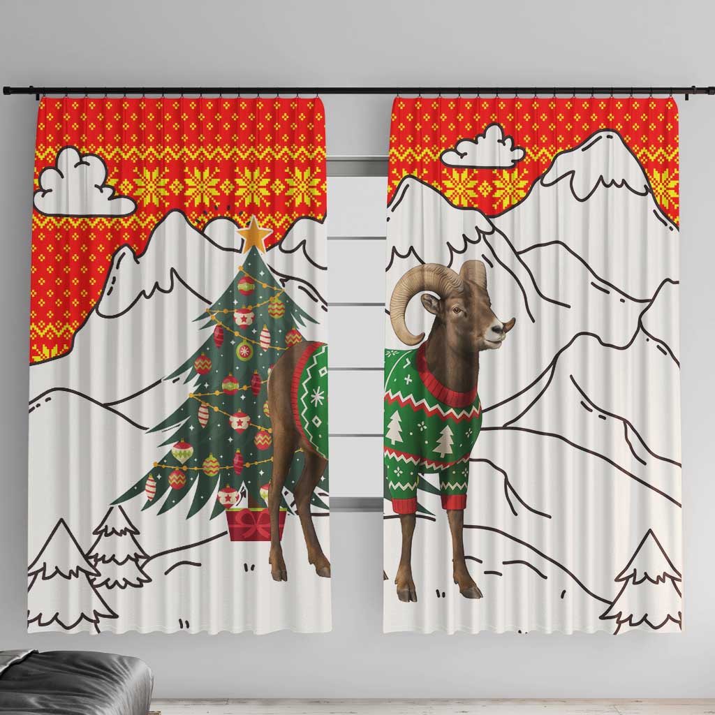 Kyrgyzstan Christmas Window Curtain with Mountain Goat in Festive Red Snowflake Pattern and Holiday Tree - Wonder Print Shop