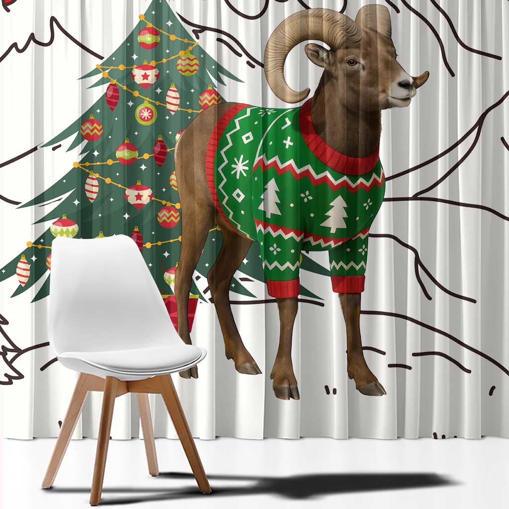 Kyrgyzstan Christmas Window Curtain with Mountain Goat in Festive Red Snowflake Pattern and Holiday Tree - Wonder Print Shop