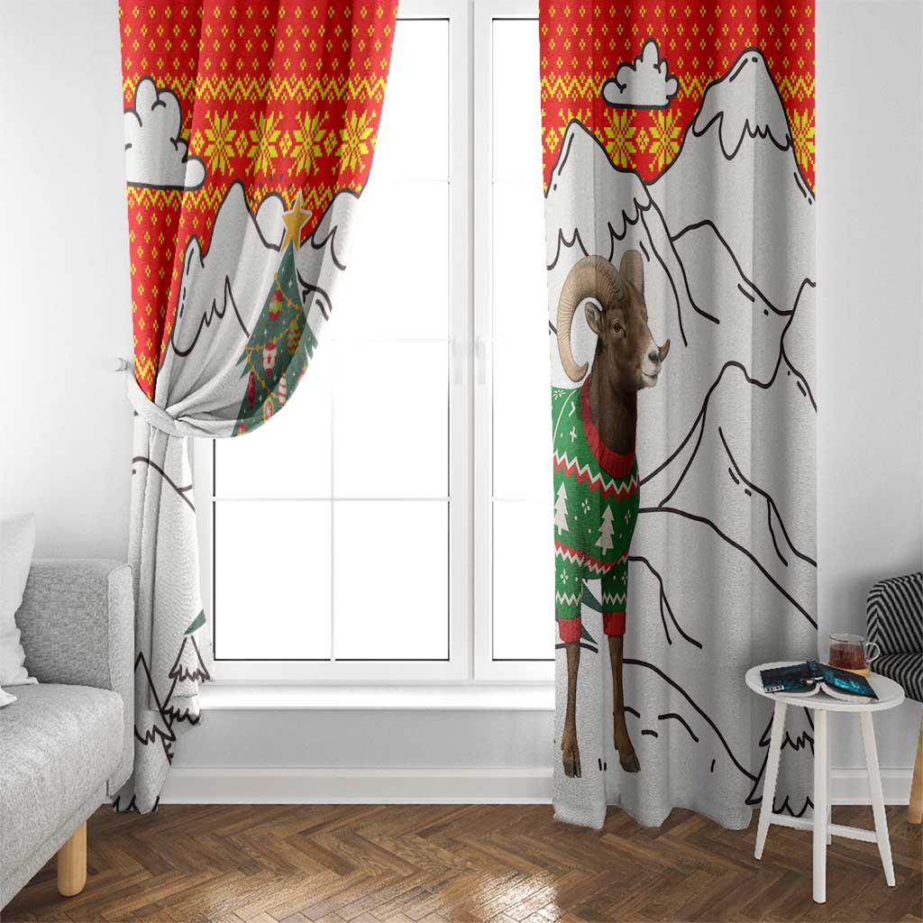 Kyrgyzstan Christmas Window Curtain with Mountain Goat in Festive Red Snowflake Pattern and Holiday Tree - Wonder Print Shop