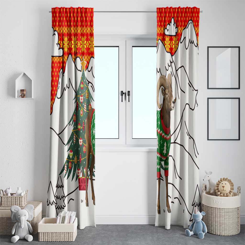 Kyrgyzstan Christmas Window Curtain with Mountain Goat in Festive Red Snowflake Pattern and Holiday Tree - Wonder Print Shop