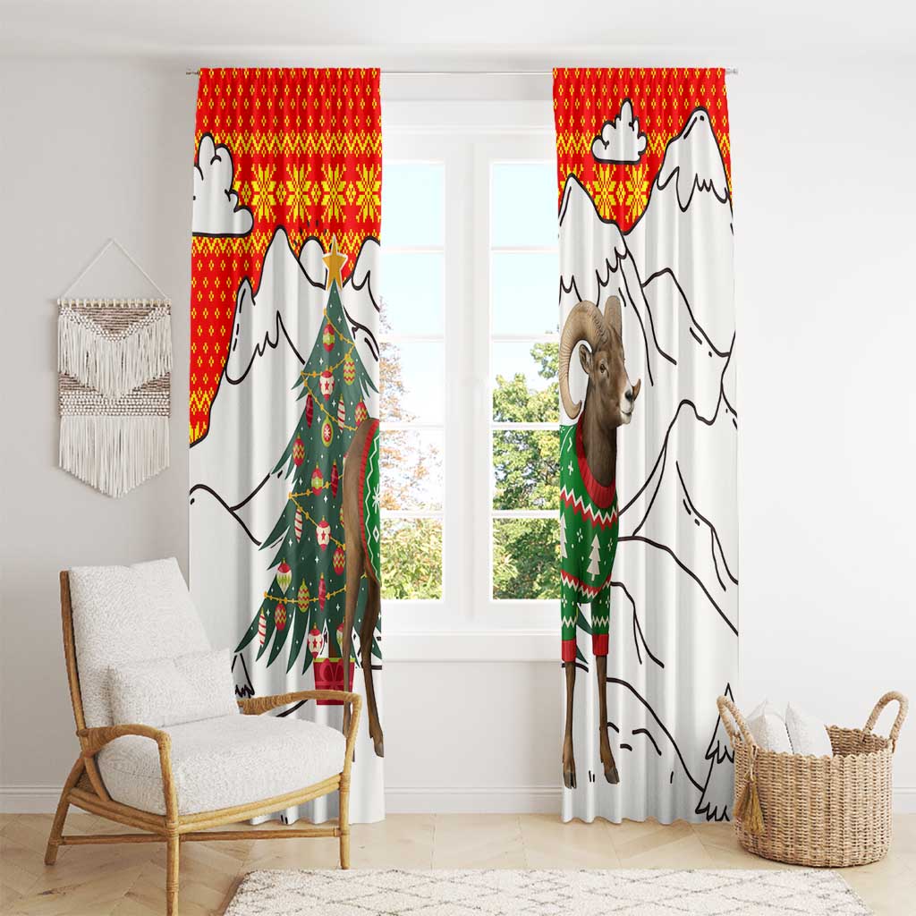 Kyrgyzstan Christmas Window Curtain with Mountain Goat in Festive Red Snowflake Pattern and Holiday Tree - Wonder Print Shop
