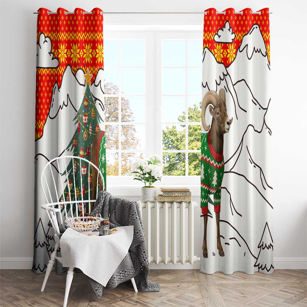 Kyrgyzstan Christmas Window Curtain with Mountain Goat in Festive Red Snowflake Pattern and Holiday Tree - Wonder Print Shop