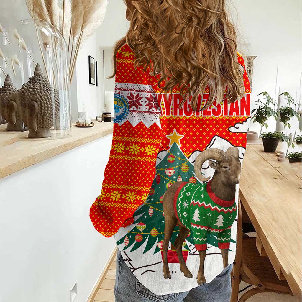Kyrgyzstan Christmas Women Casual Shirt with Mountain Goat in Festive Red Snowflake Pattern and Holiday Tree - Wonder Print Shop