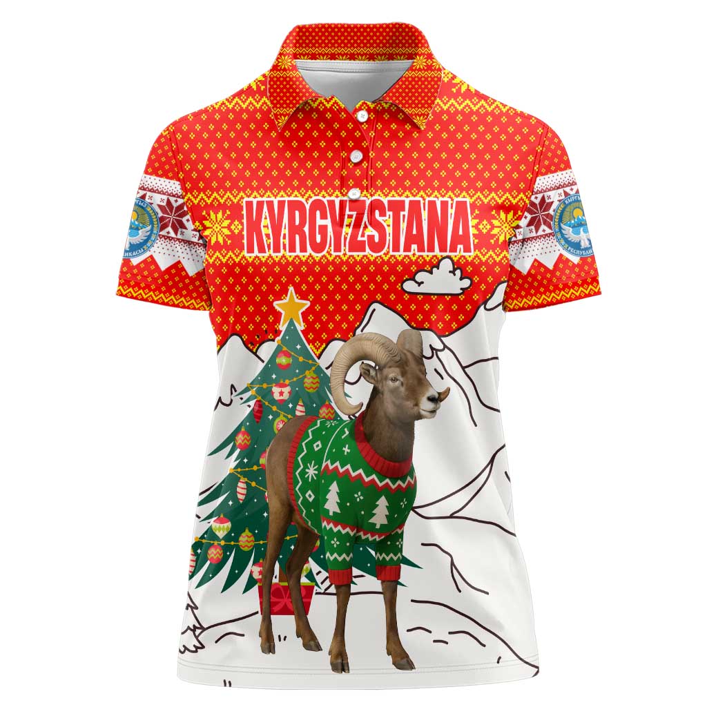 Kyrgyzstan Christmas Women Polo Shirt with Mountain Goat in Festive Red Snowflake Pattern and Holiday Tree - Wonder Print Shop