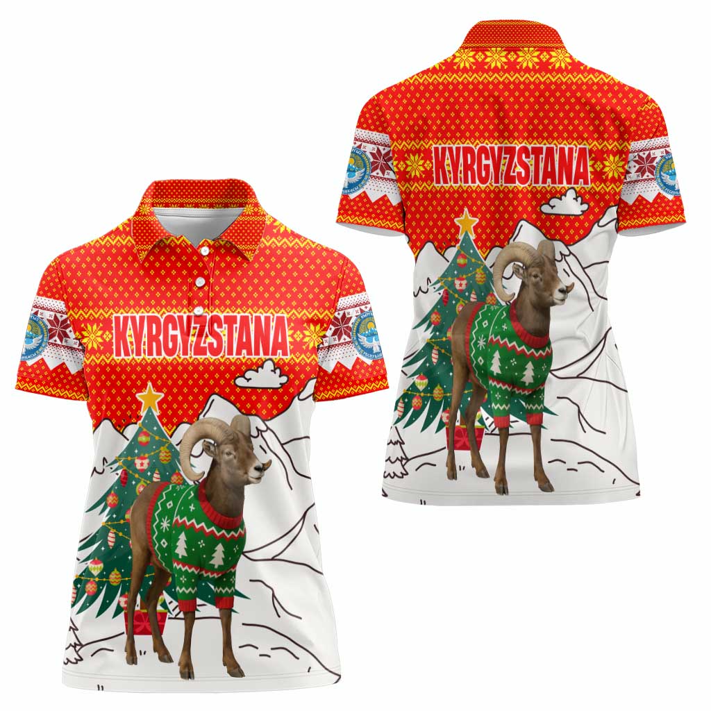 Kyrgyzstan Christmas Women Polo Shirt with Mountain Goat in Festive Red Snowflake Pattern and Holiday Tree - Wonder Print Shop