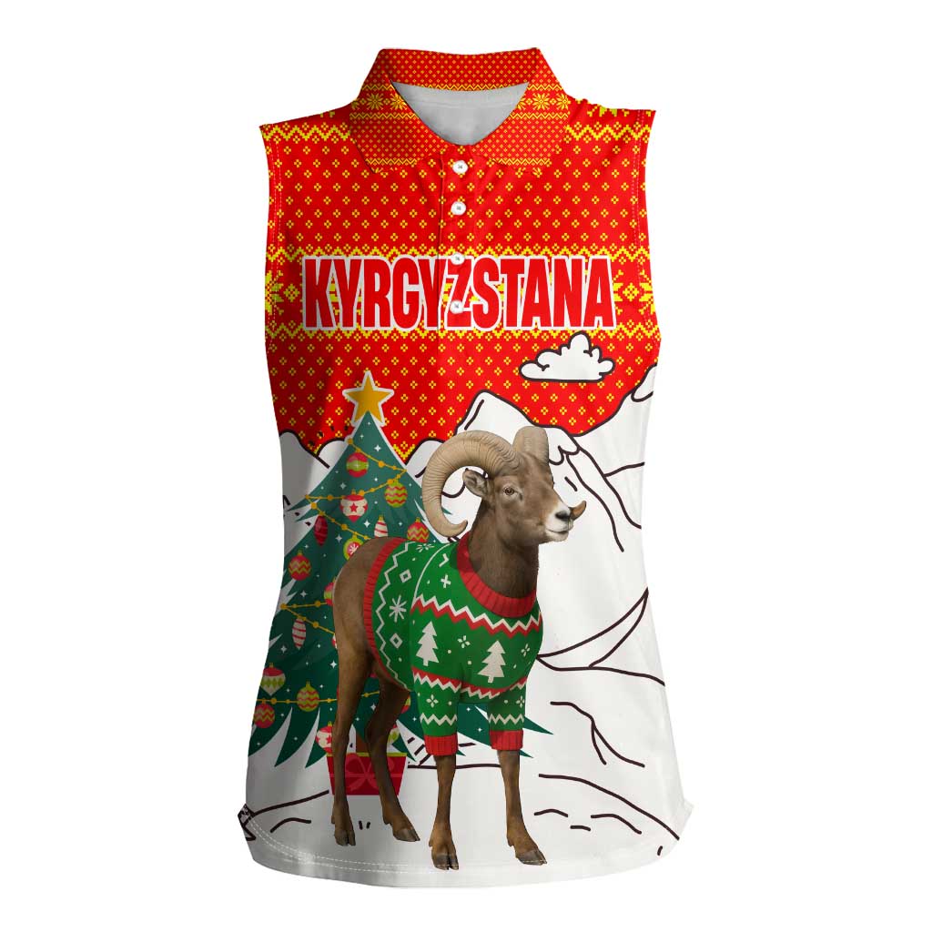 Kyrgyzstan Christmas Women Sleeveless Polo Shirt with Mountain Goat in Festive Red Snowflake Pattern and Holiday Tree - Wonder Print Shop