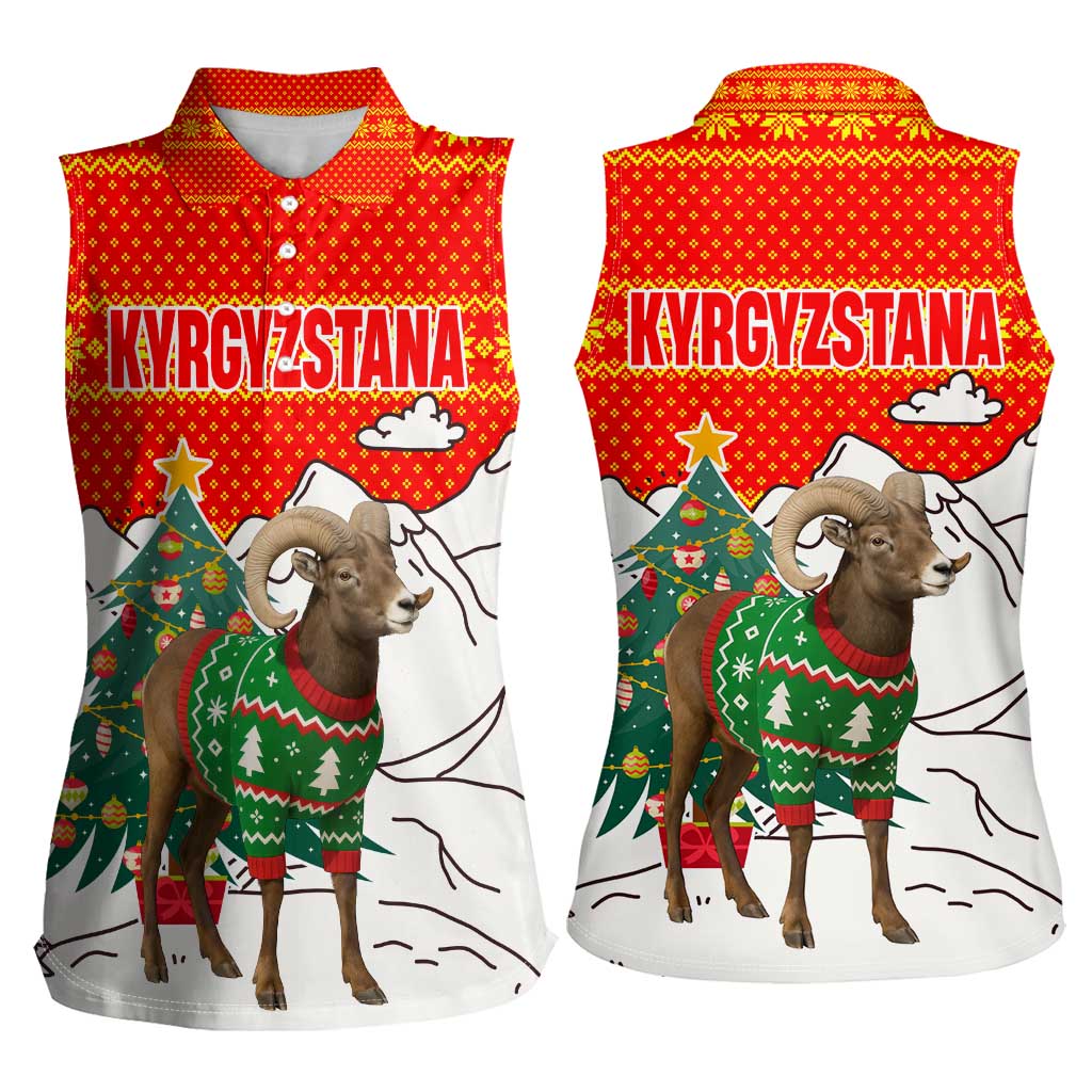 Kyrgyzstan Christmas Women Sleeveless Polo Shirt with Mountain Goat in Festive Red Snowflake Pattern and Holiday Tree - Wonder Print Shop