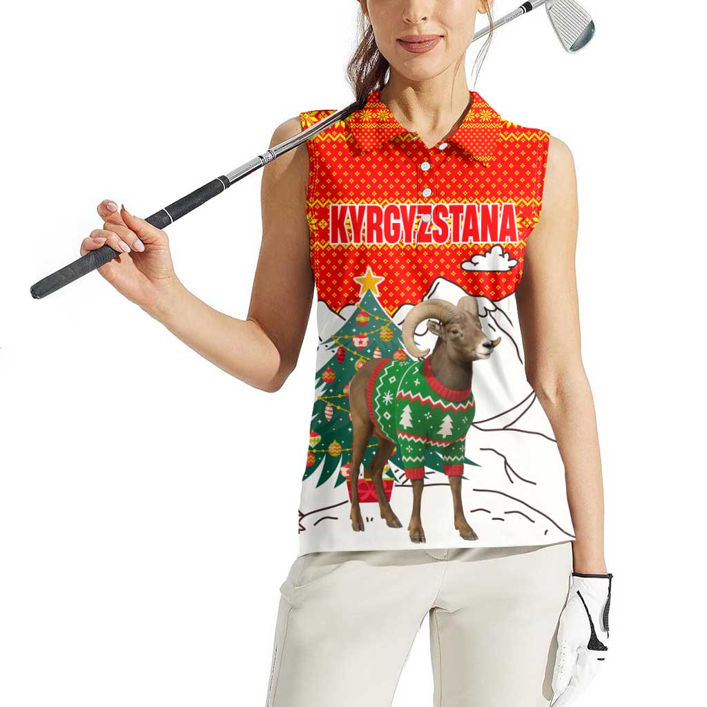 Kyrgyzstan Christmas Women Sleeveless Polo Shirt with Mountain Goat in Festive Red Snowflake Pattern and Holiday Tree - Wonder Print Shop