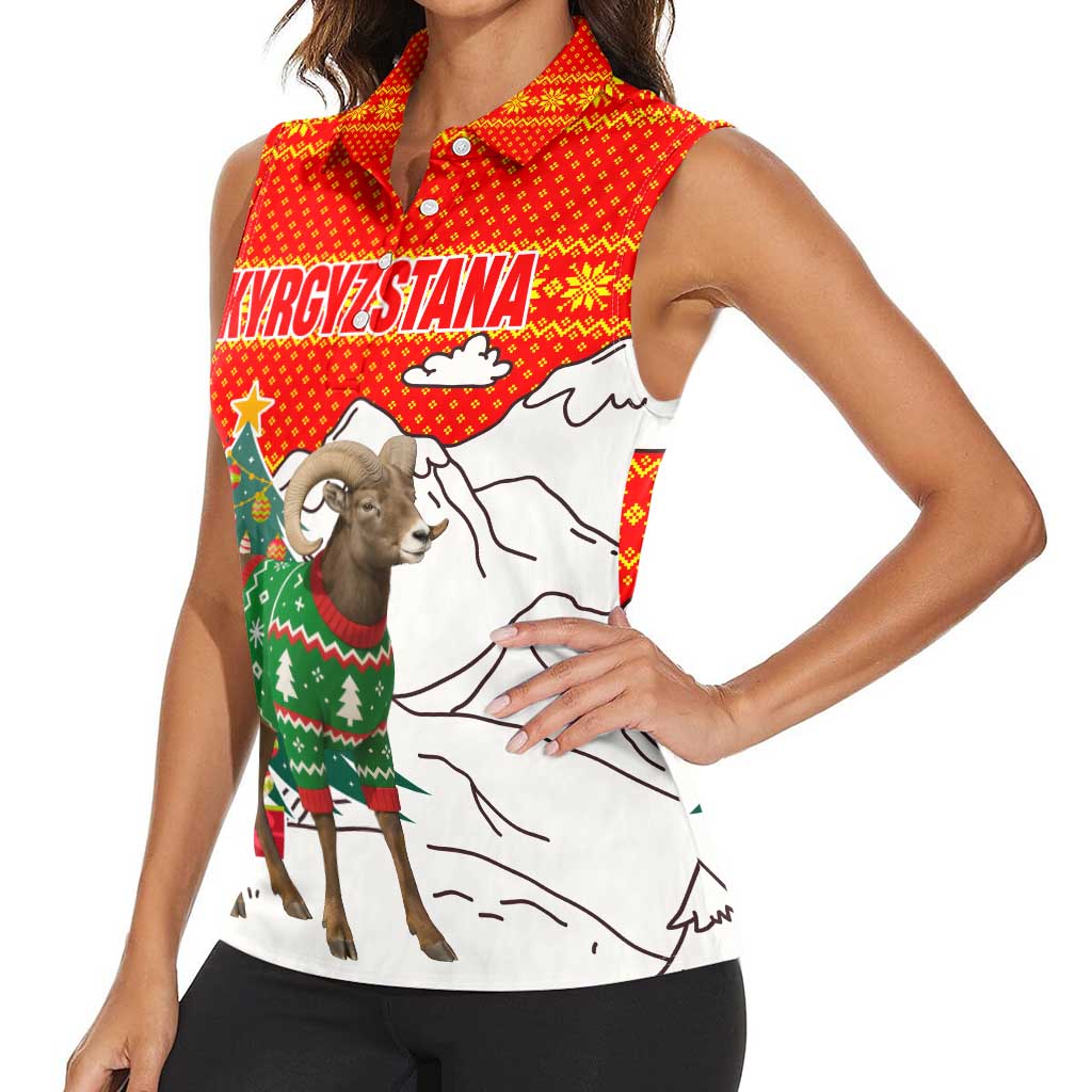 Kyrgyzstan Christmas Women Sleeveless Polo Shirt with Mountain Goat in Festive Red Snowflake Pattern and Holiday Tree - Wonder Print Shop