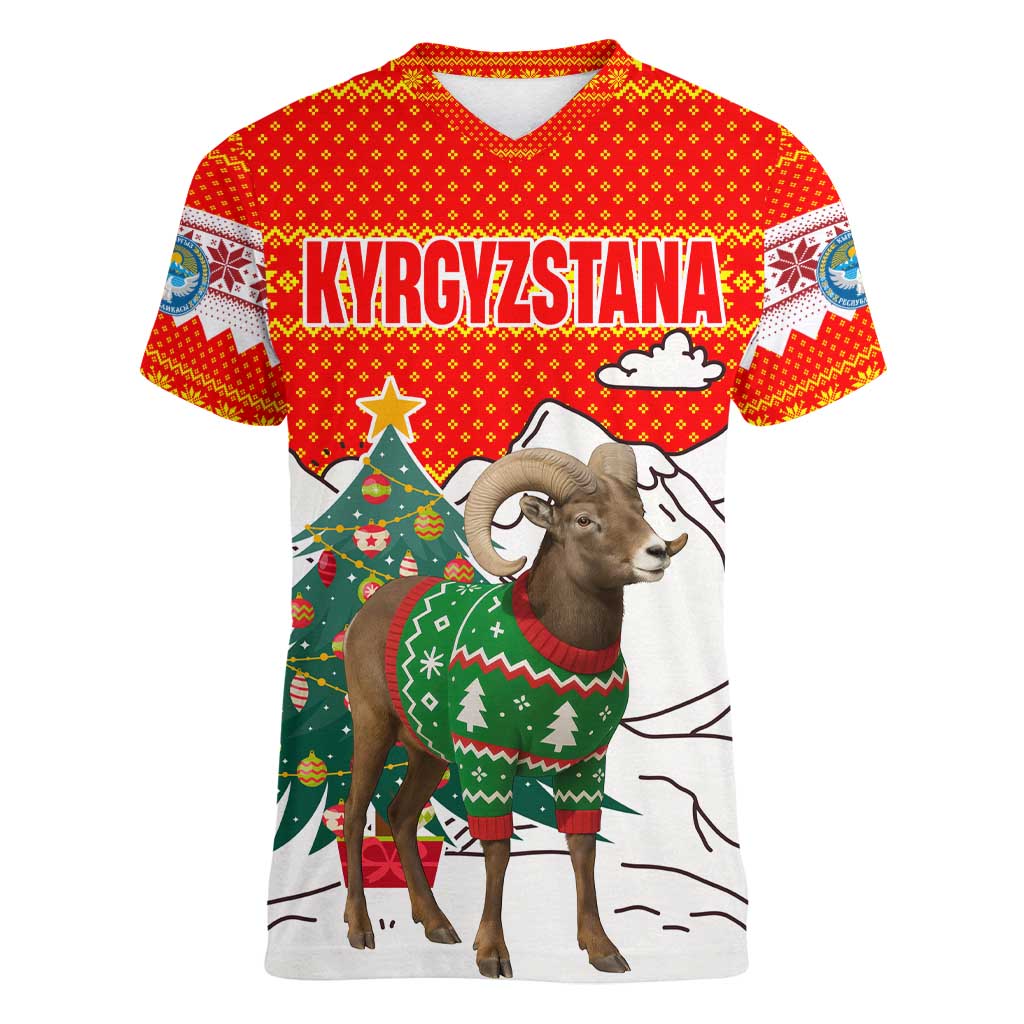Kyrgyzstan Christmas Women V-Neck T-Shirt with Mountain Goat in Festive Red Snowflake Pattern and Holiday Tree - Wonder Print Shop