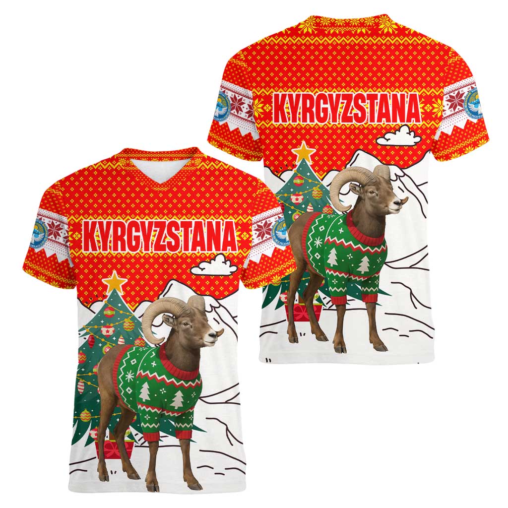 Kyrgyzstan Christmas Women V-Neck T-Shirt with Mountain Goat in Festive Red Snowflake Pattern and Holiday Tree - Wonder Print Shop