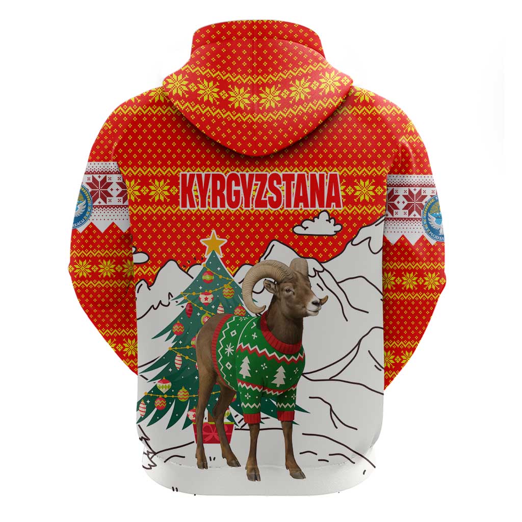 Kyrgyzstan Christmas Zip Hoodie with Mountain Goat in Festive Red Snowflake Pattern and Holiday Tree - Wonder Print Shop