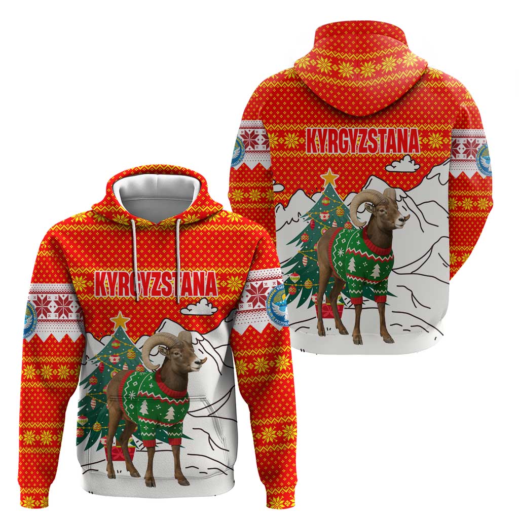 Kyrgyzstan Christmas Zip Hoodie with Mountain Goat in Festive Red Snowflake Pattern and Holiday Tree - Wonder Print Shop