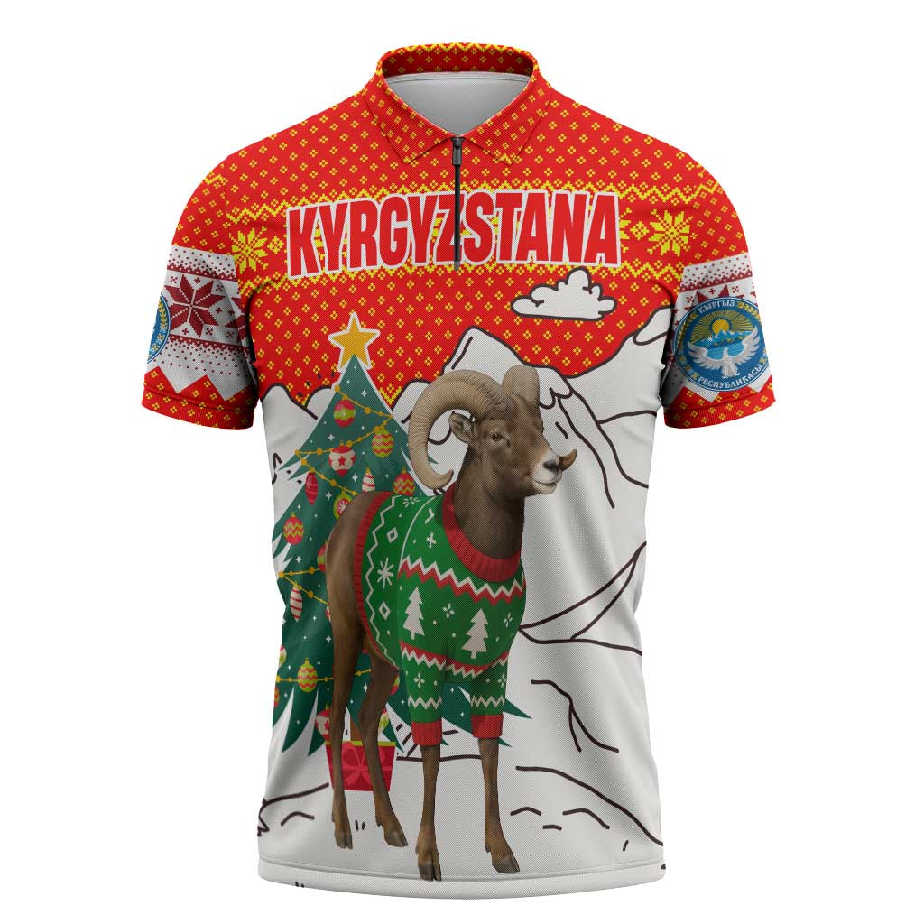 Kyrgyzstan Christmas Zipper Polo Shirt with Mountain Goat in Festive Red Snowflake Pattern and Holiday Tree - Wonder Print Shop