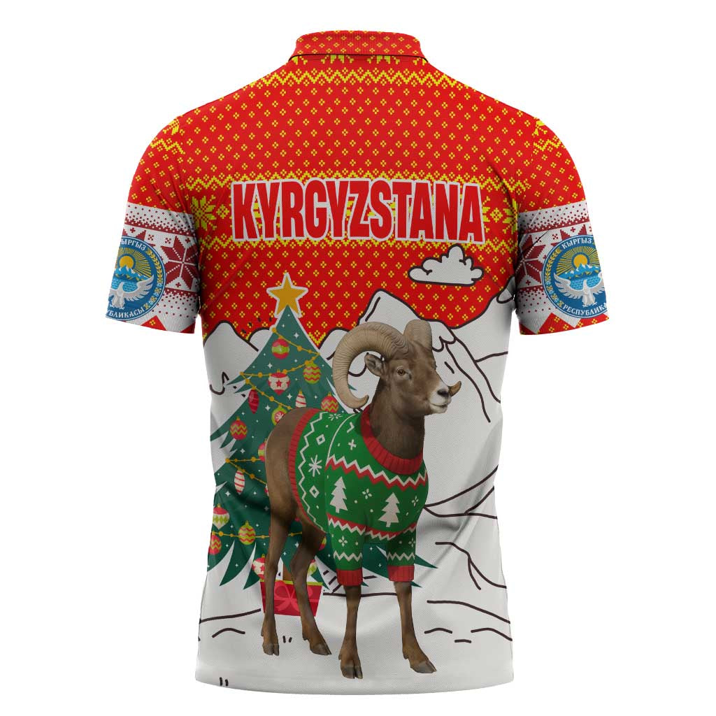 Kyrgyzstan Christmas Zipper Polo Shirt with Mountain Goat in Festive Red Snowflake Pattern and Holiday Tree - Wonder Print Shop