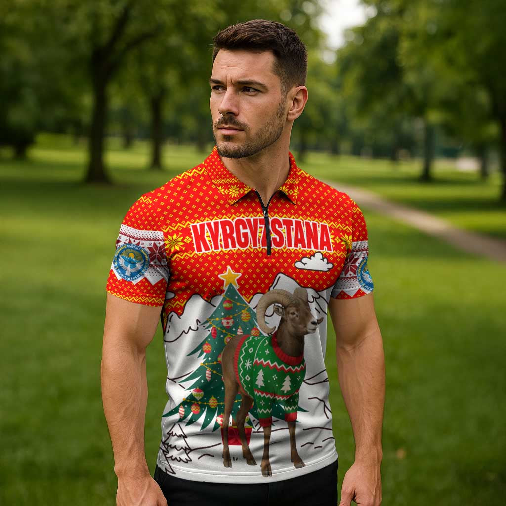 Kyrgyzstan Christmas Zipper Polo Shirt with Mountain Goat in Festive Red Snowflake Pattern and Holiday Tree - Wonder Print Shop