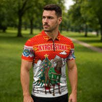 Kyrgyzstan Christmas Zipper Polo Shirt with Mountain Goat in Festive Red Snowflake Pattern and Holiday Tree - Wonder Print Shop