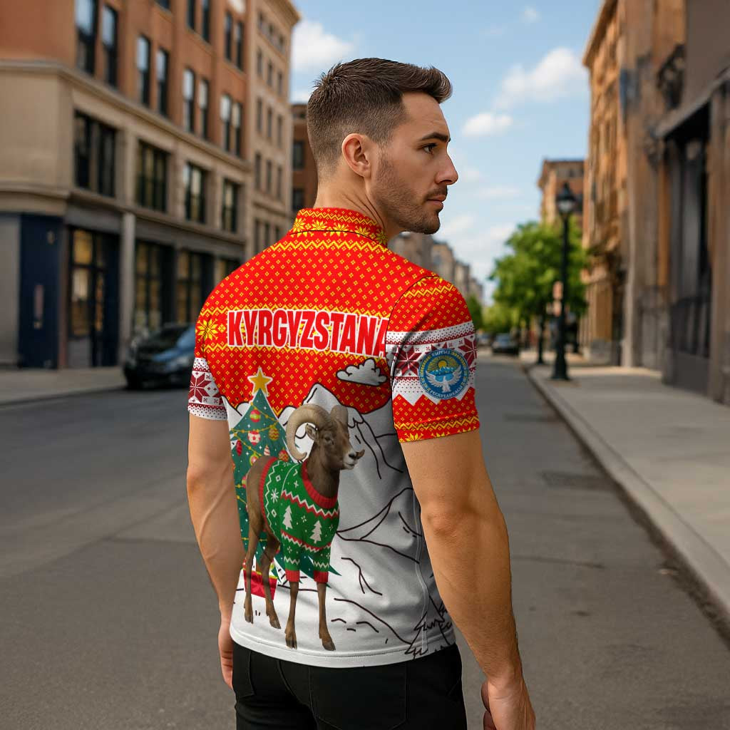 Kyrgyzstan Christmas Zipper Polo Shirt with Mountain Goat in Festive Red Snowflake Pattern and Holiday Tree - Wonder Print Shop