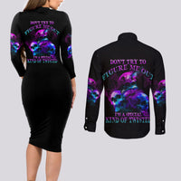 Don't Try To Figure Me Out Couples Matching Long Sleeve Bodycon Dress and Long Sleeve Button Shirt - Wonder Print Shop