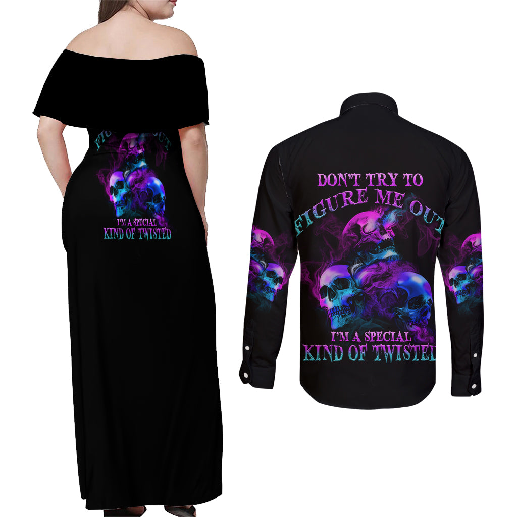 Don't Try To Figure Me Out Couples Matching Off Shoulder Maxi Dress and Long Sleeve Button Shirt - Wonder Print Shop