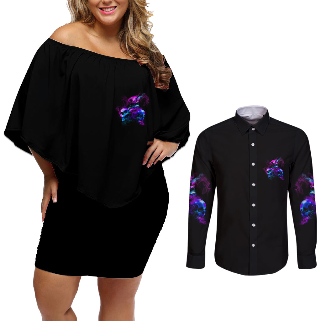 Don't Try To Figure Me Out Couples Matching Off Shoulder Short Dress and Long Sleeve Button Shirt - Wonder Print Shop