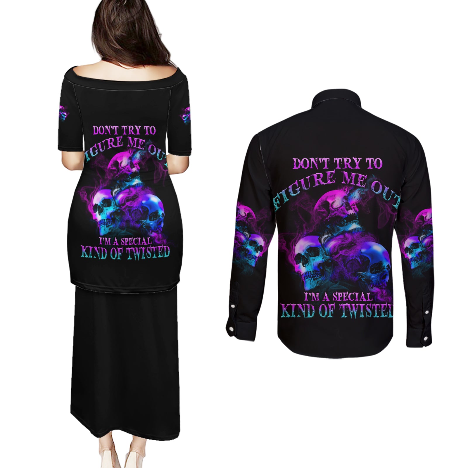 Don't Try To Figure Me Out Couples Matching Puletasi Dress and Long Sleeve Button Shirt - Wonder Print Shop