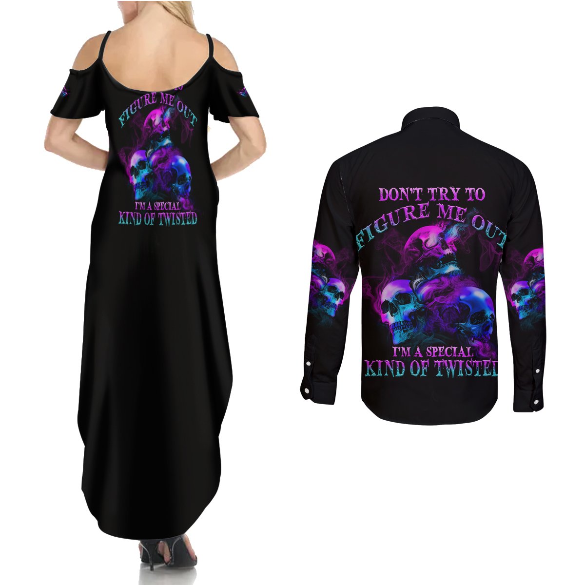 Don't Try To Figure Me Out Couples Matching Summer Maxi Dress and Long Sleeve Button Shirt - Wonder Print Shop