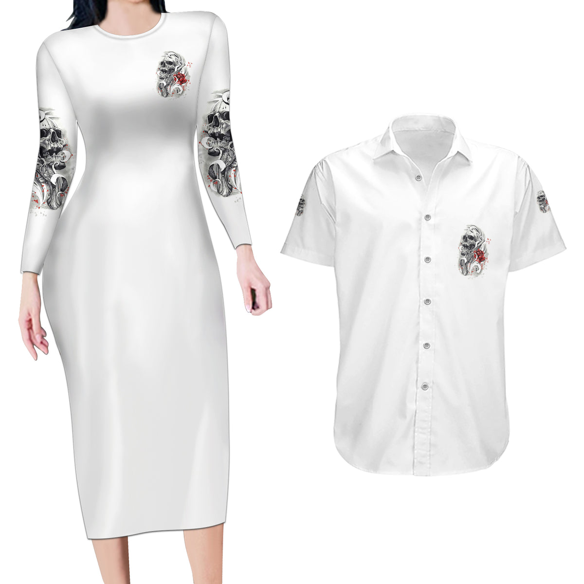 Assuming I Was Like Most Girls Skull Couples Matching Long Sleeve Bodycon Dress and Hawaiian Shirt - Wonder Print Shop