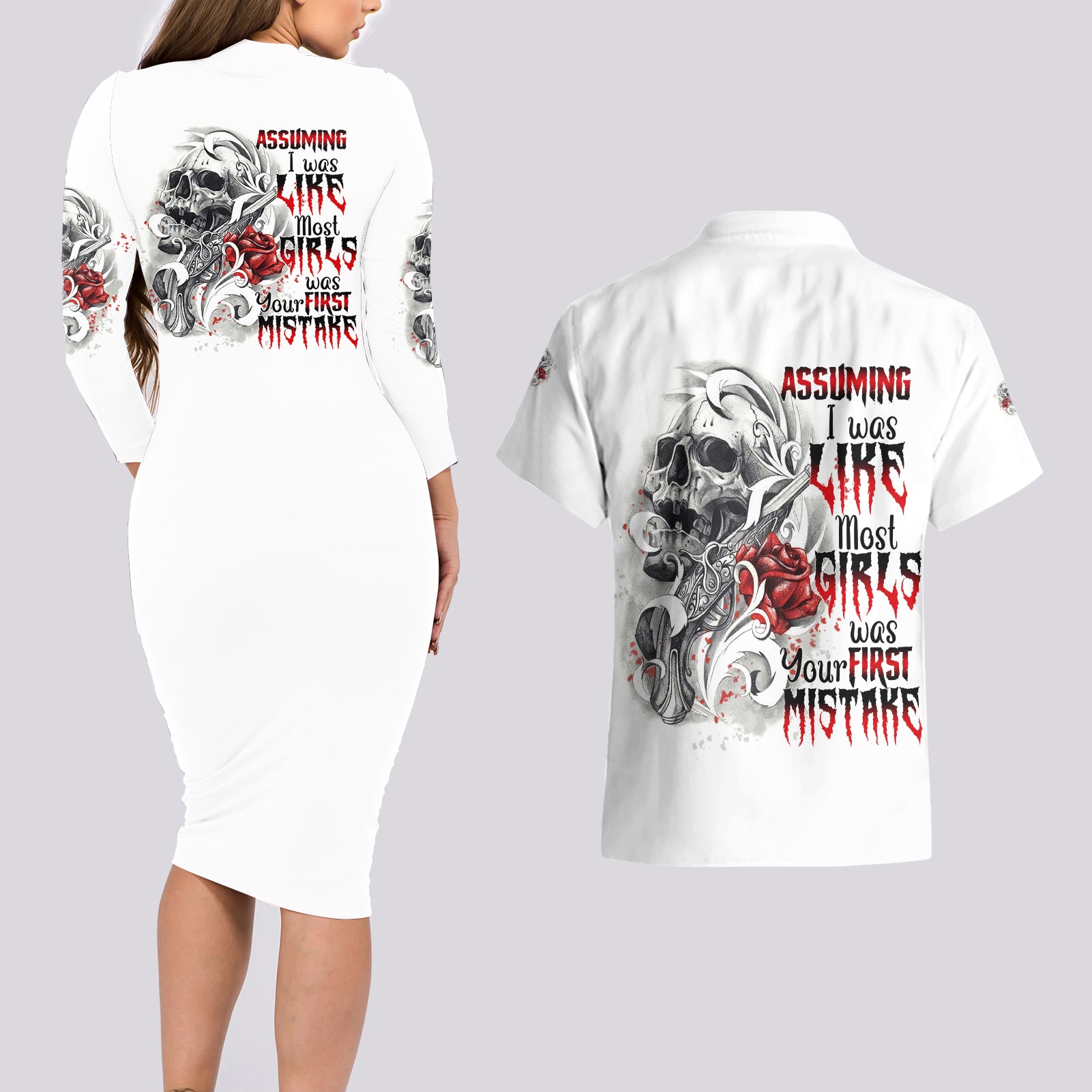 Assuming I Was Like Most Girls Skull Couples Matching Long Sleeve Bodycon Dress and Hawaiian Shirt - Wonder Print Shop
