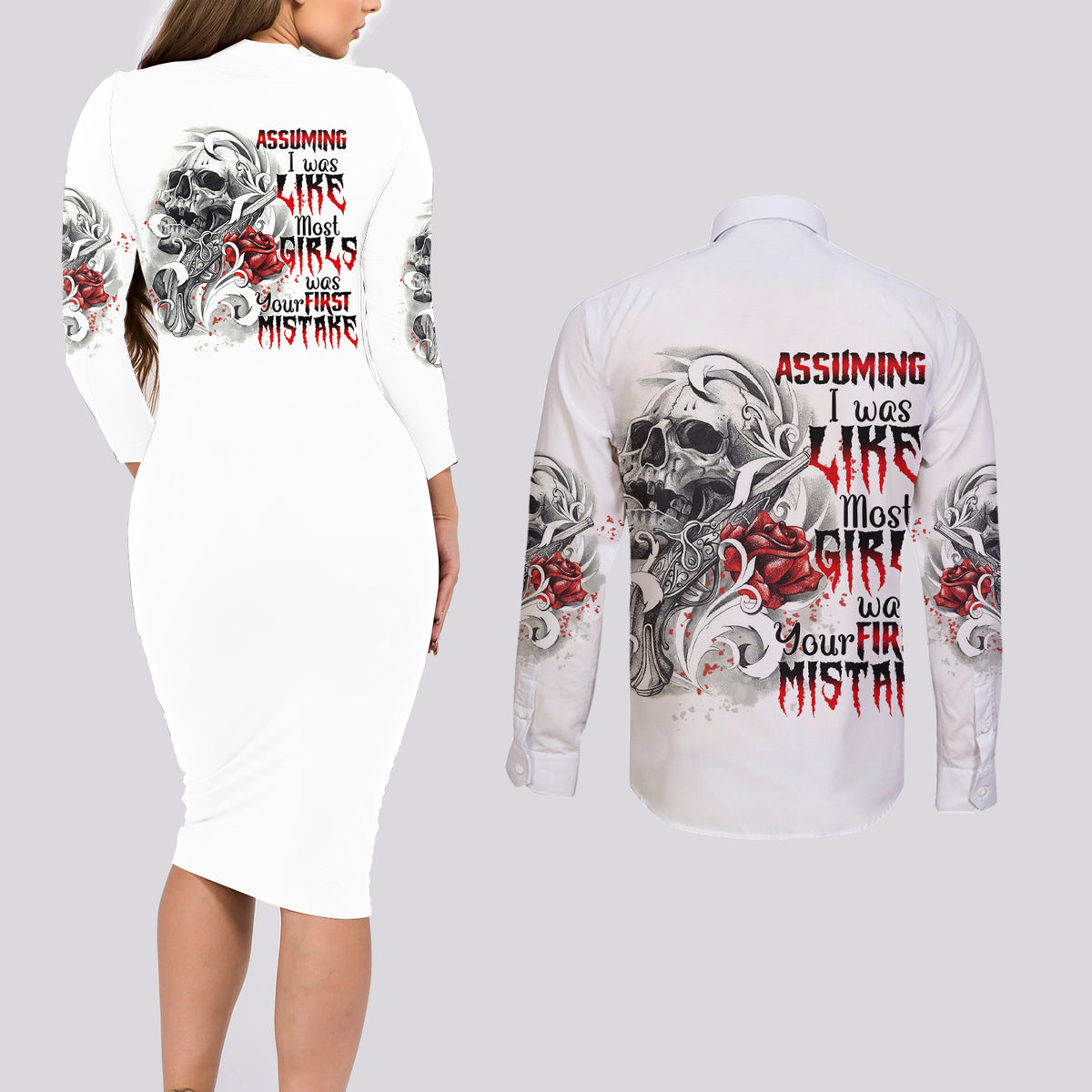 Assuming I Was Like Most Girls Skull Couples Matching Long Sleeve Bodycon Dress and Long Sleeve Button Shirt - Wonder Print Shop