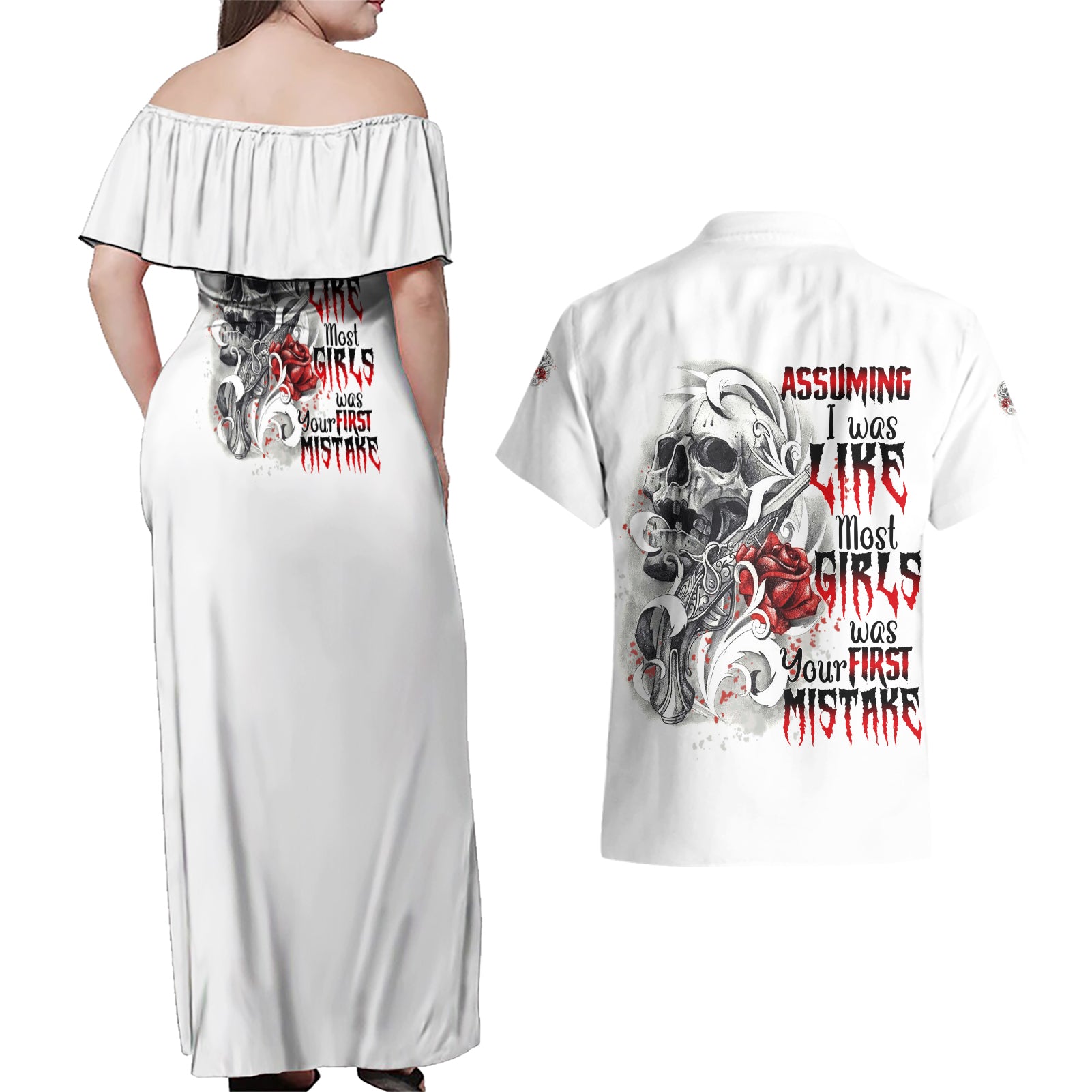 Assuming I Was Like Most Girls Skull Couples Matching Off Shoulder Maxi Dress and Hawaiian Shirt - Wonder Print Shop