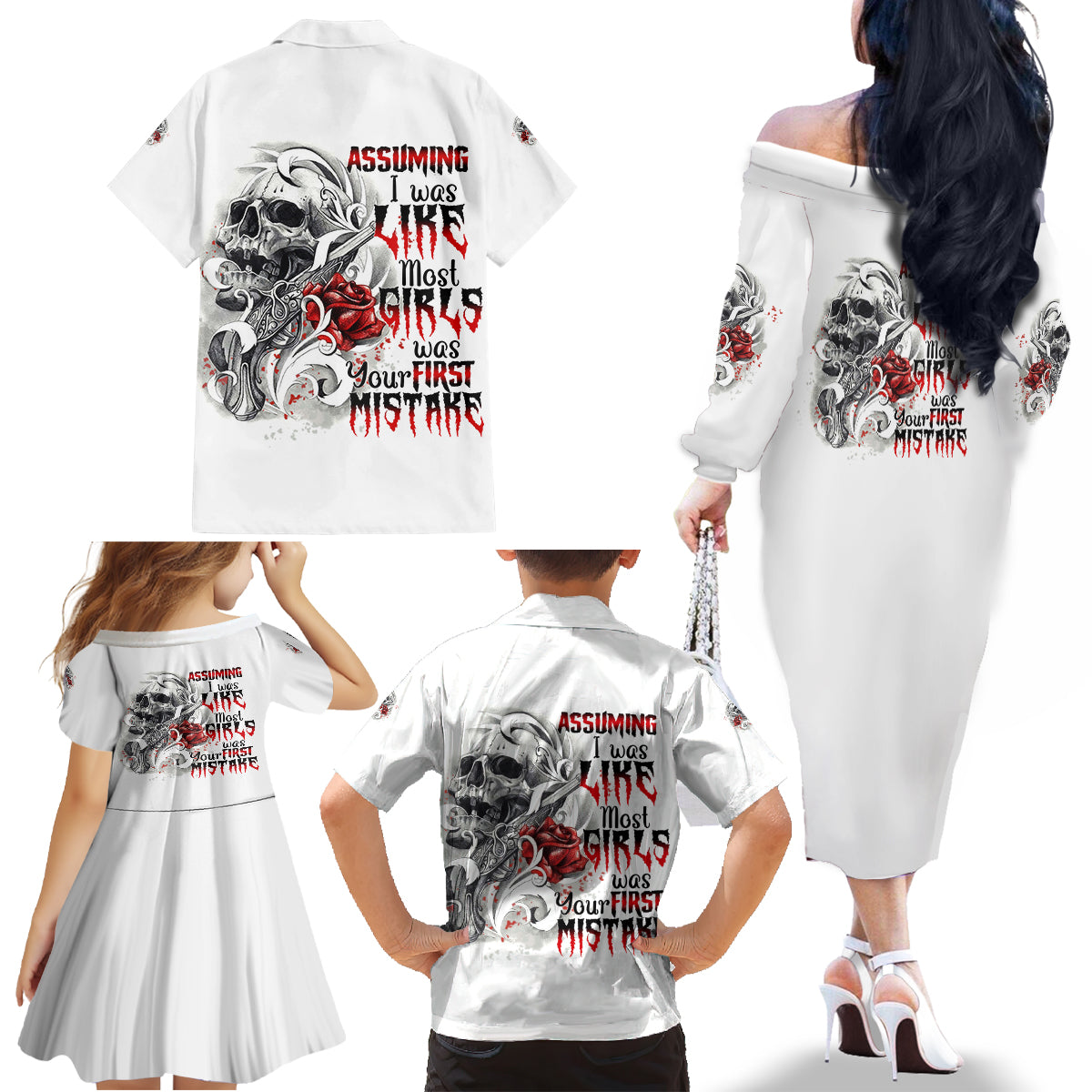 Assuming I Was Like Most Girls Skull Family Matching Off Shoulder Long Sleeve Dress and Hawaiian Shirt - Wonder Print Shop