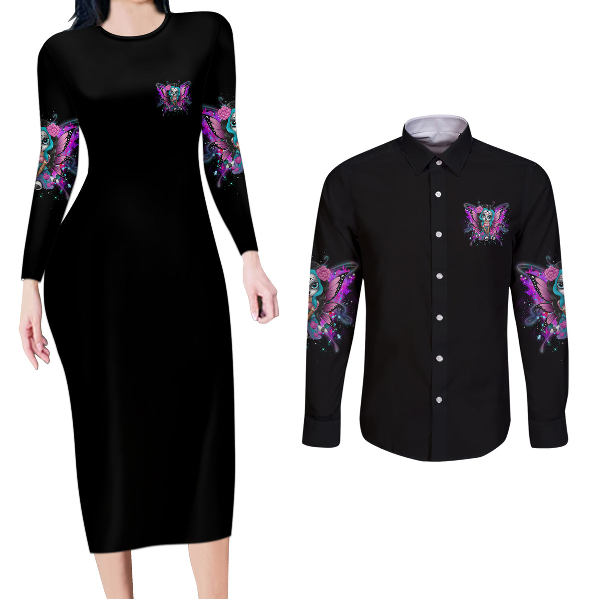 Karma Fairy Sugar Skull Couples Matching Long Sleeve Bodycon Dress and Long Sleeve Button Shirt - Wonder Print Shop