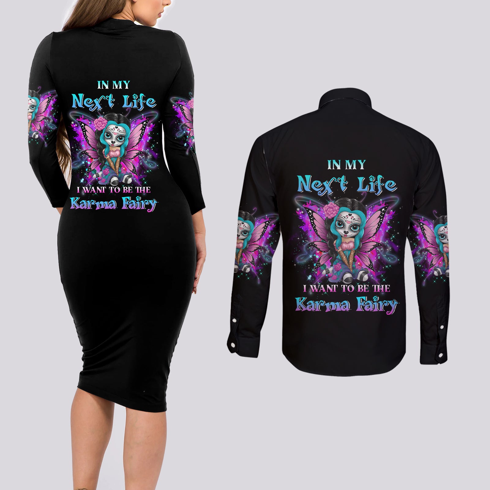 Karma Fairy Sugar Skull Couples Matching Long Sleeve Bodycon Dress and Long Sleeve Button Shirt - Wonder Print Shop